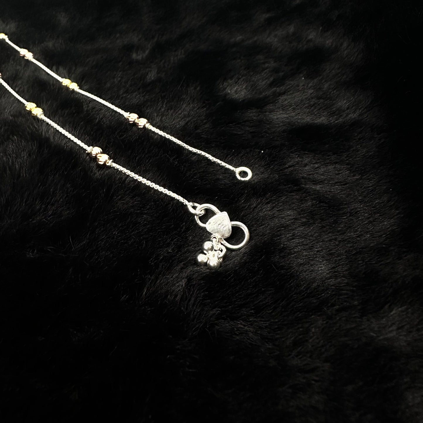 Dual-Tone Beaded Sterling Silver Anklet with Heart and Bell Charms