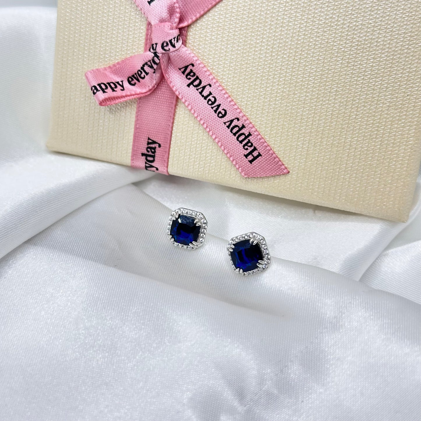 Sapphire Halo Silver Earrings