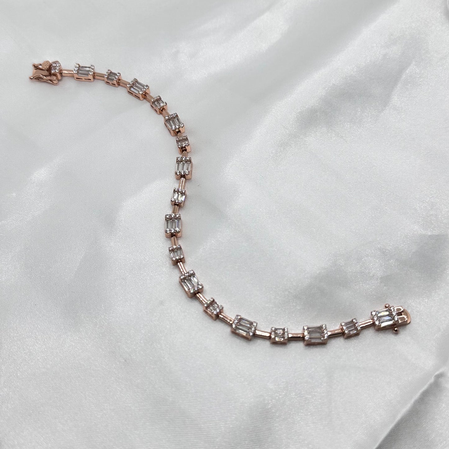 Chic Rose Gold Plated Baguette-Cut Silver Bracelet