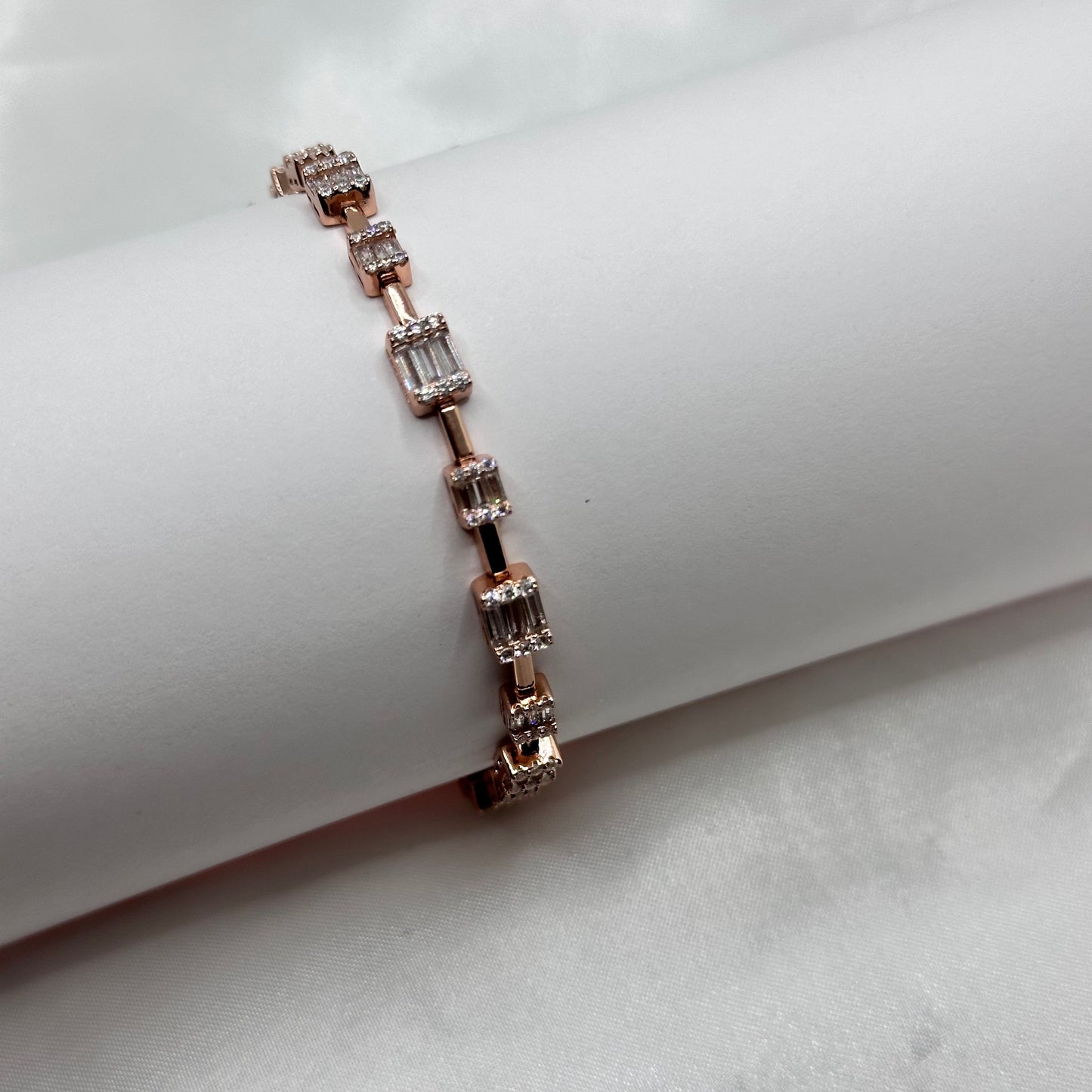 Chic Rose Gold Plated Baguette-Cut Silver Bracelet