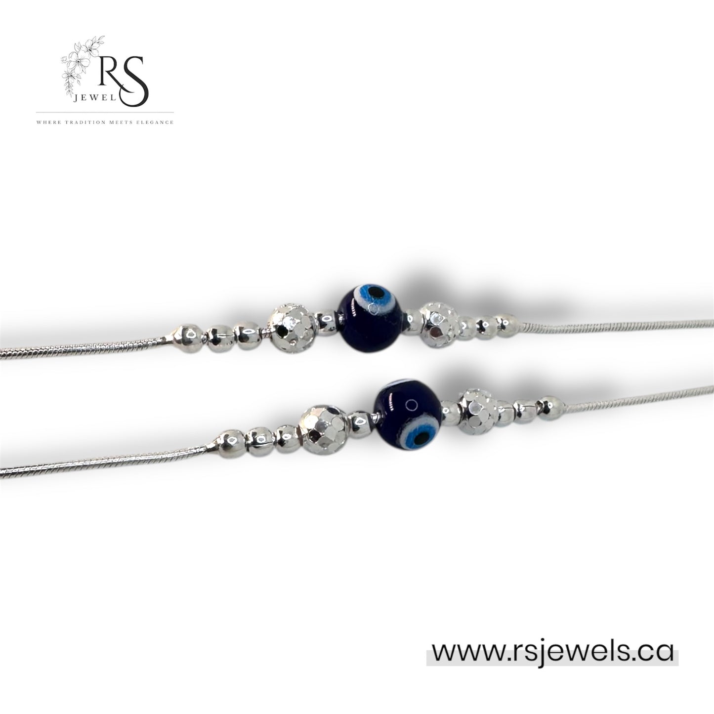 Evil Eye Silver Anklet with Shiny Textured Beads – Women’s Protection Jewelry