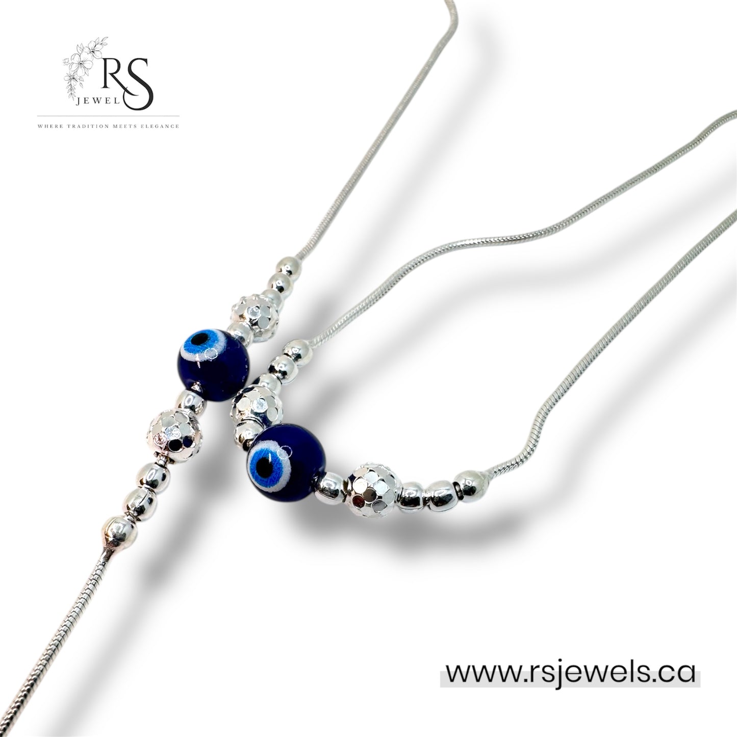 Evil Eye Silver Anklet with Shiny Textured Beads – Women’s Protection Jewelry