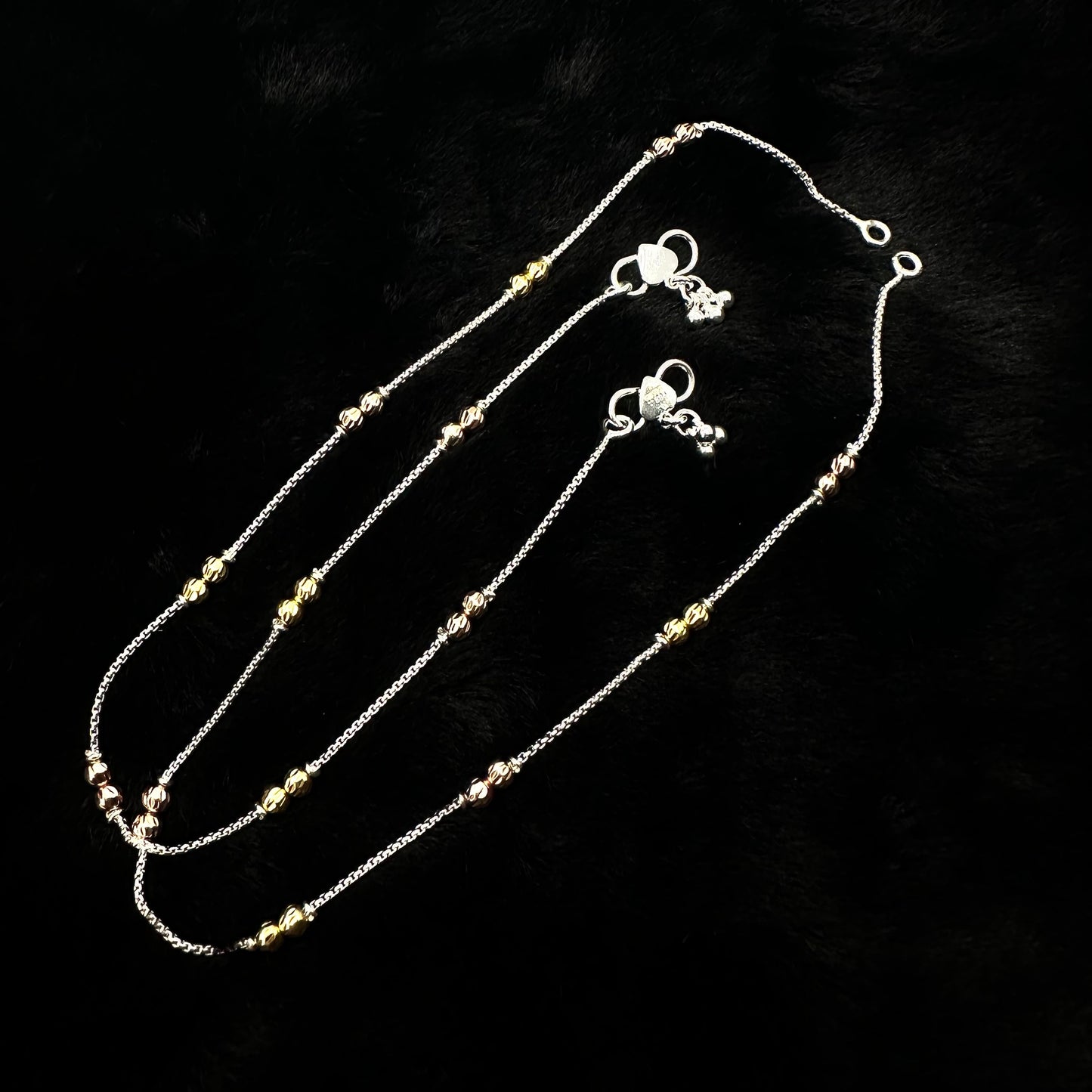 Dual-Tone Beaded Sterling Silver Anklet with Heart and Bell Charms