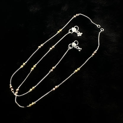 Dual-Tone Beaded Sterling Silver Anklet with Heart and Bell Charms