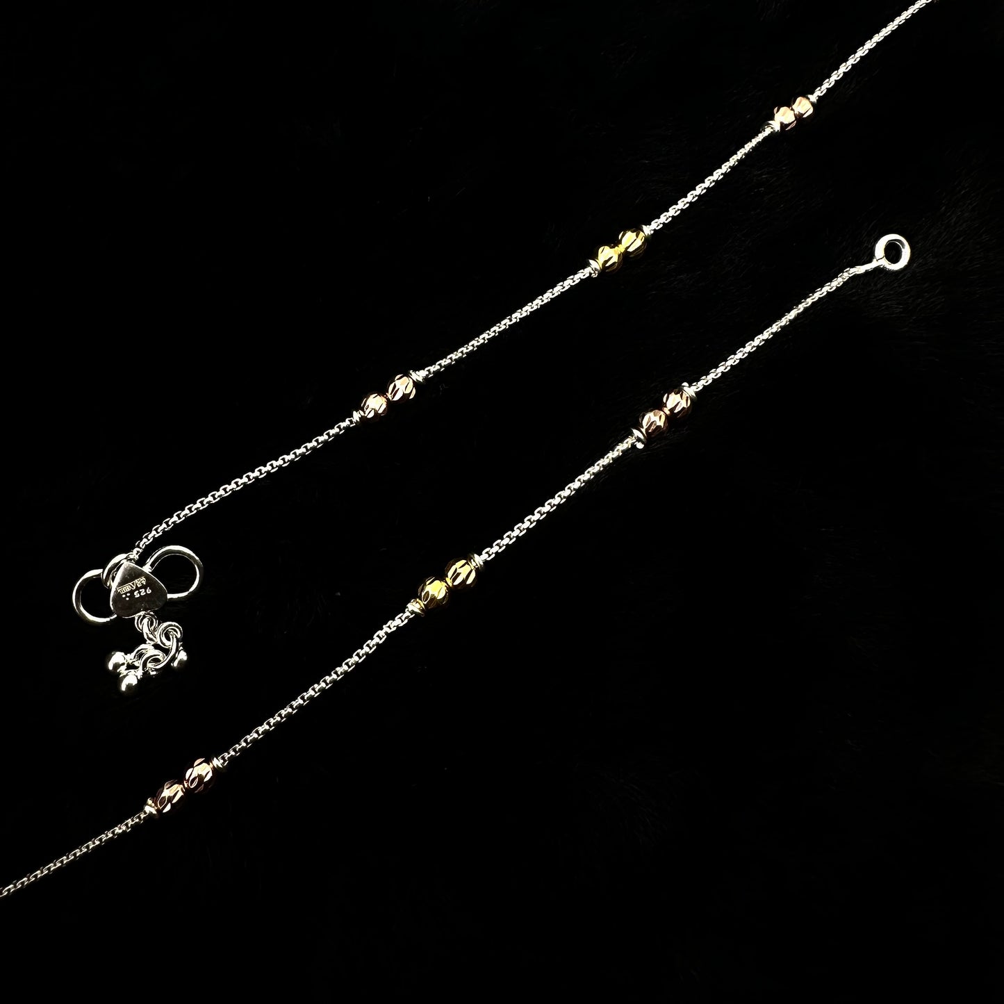 Dual-Tone Beaded Sterling Silver Anklet with Heart and Bell Charms