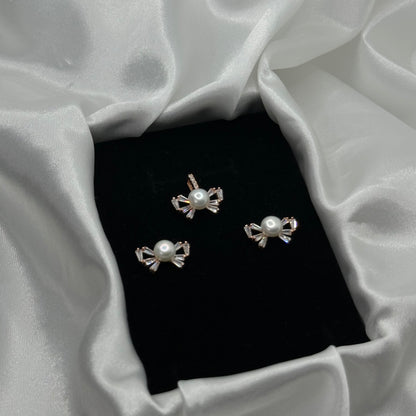 Pearl and Baguette Crystal Bow Rose Gold Pendant Set