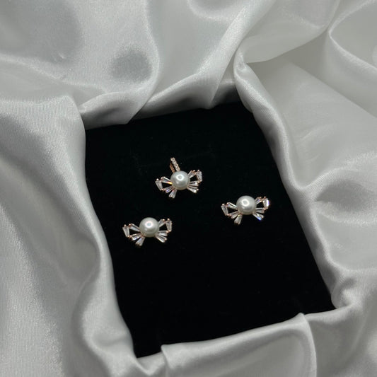 Pearl and Baguette Crystal Bow Rose Gold Pendant Set
