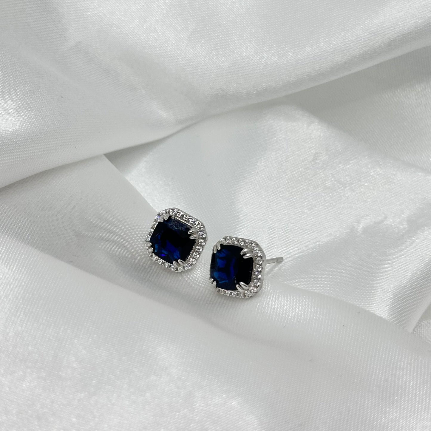 Sapphire Halo Silver Earrings