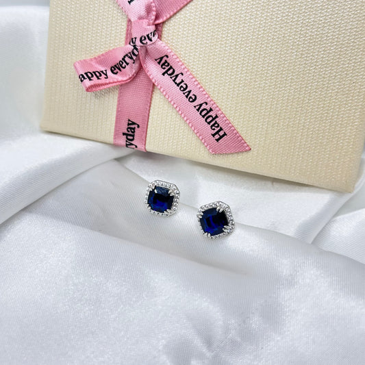 Sapphire Halo Silver Earrings