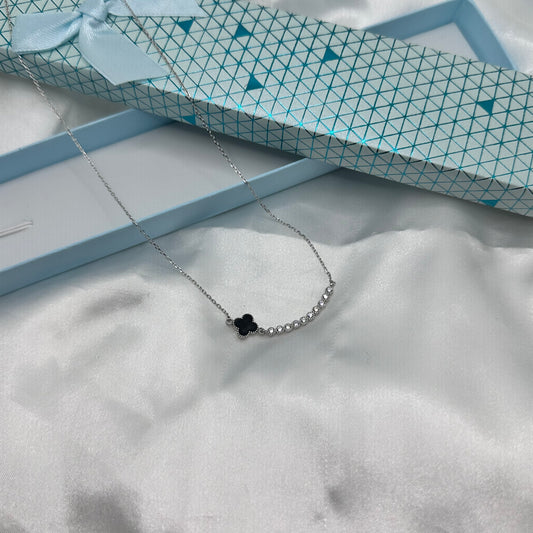 Modern Minimalist Silver Necklace with Black Clover
