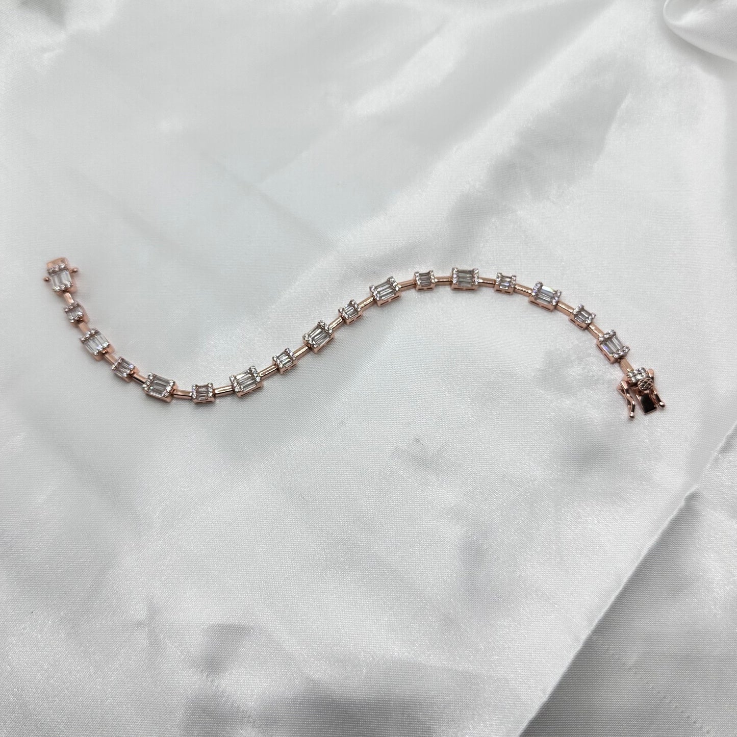 Chic Rose Gold Plated Baguette-Cut Silver Bracelet