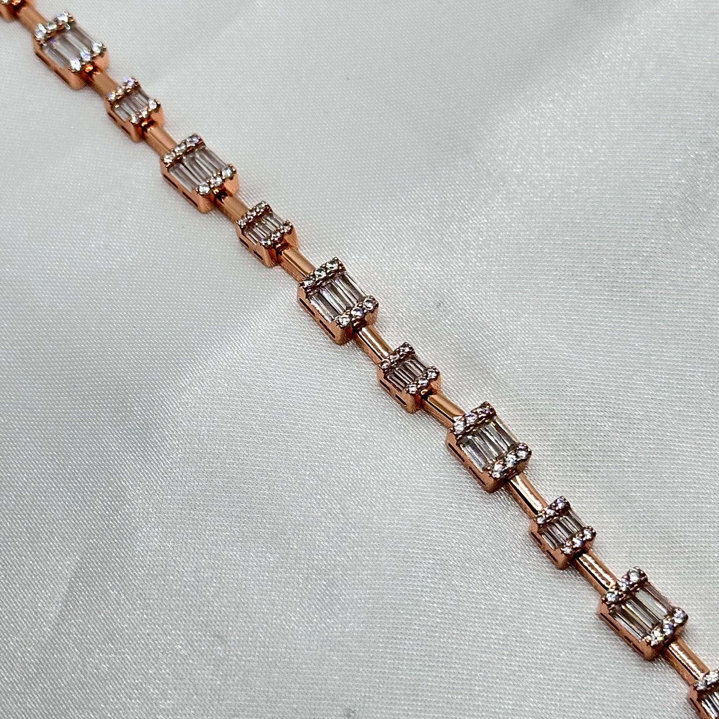 Chic Rose Gold Plated Baguette-Cut Silver Bracelet