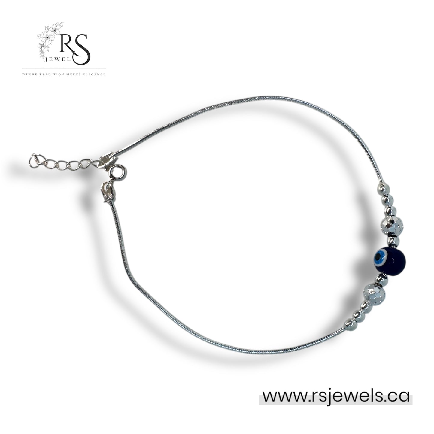 Evil Eye Silver Anklet with Shiny Textured Beads – Women’s Protection Jewelry