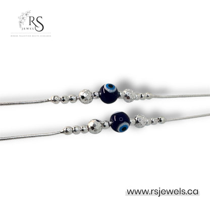 Evil Eye Silver Anklet with Shiny Textured Beads – Women’s Protection Jewelry